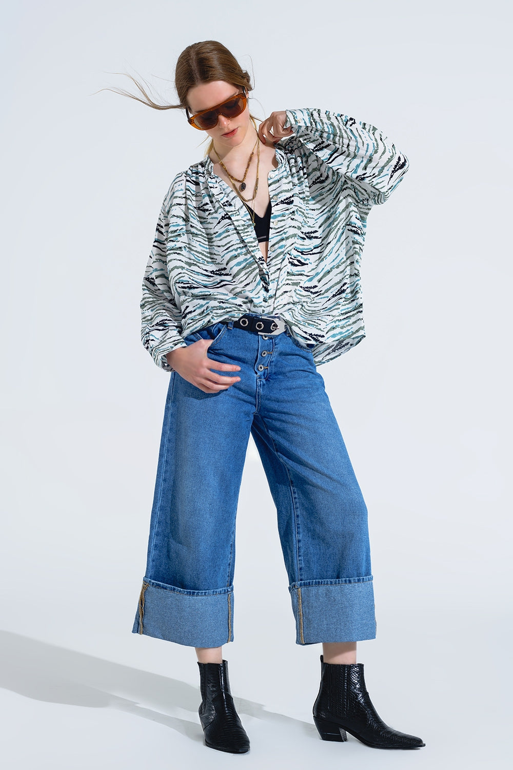 White Blouse With Animal Print And Long Sleeves