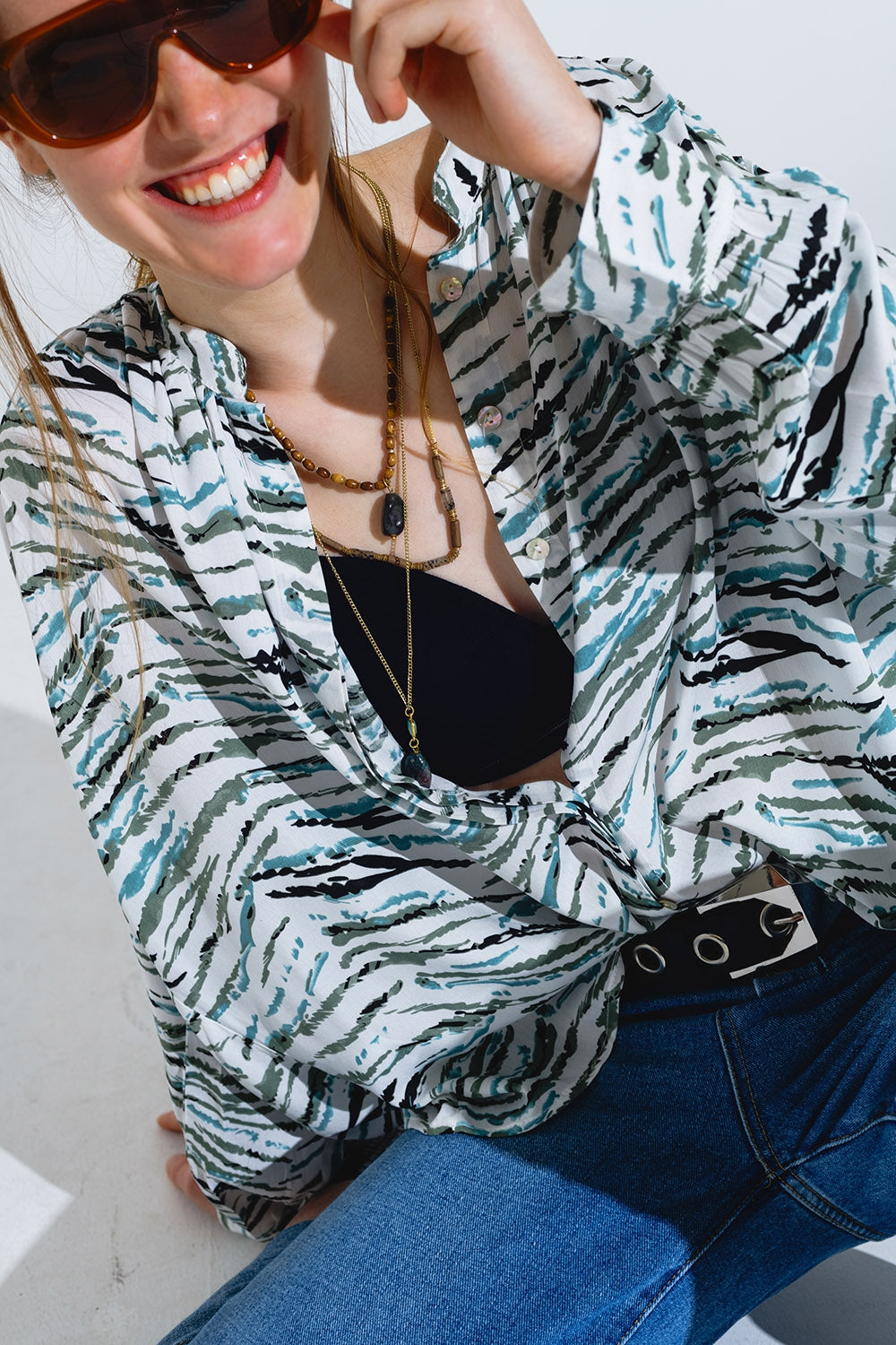 White Blouse With Green Animal Print And Long Sleeves