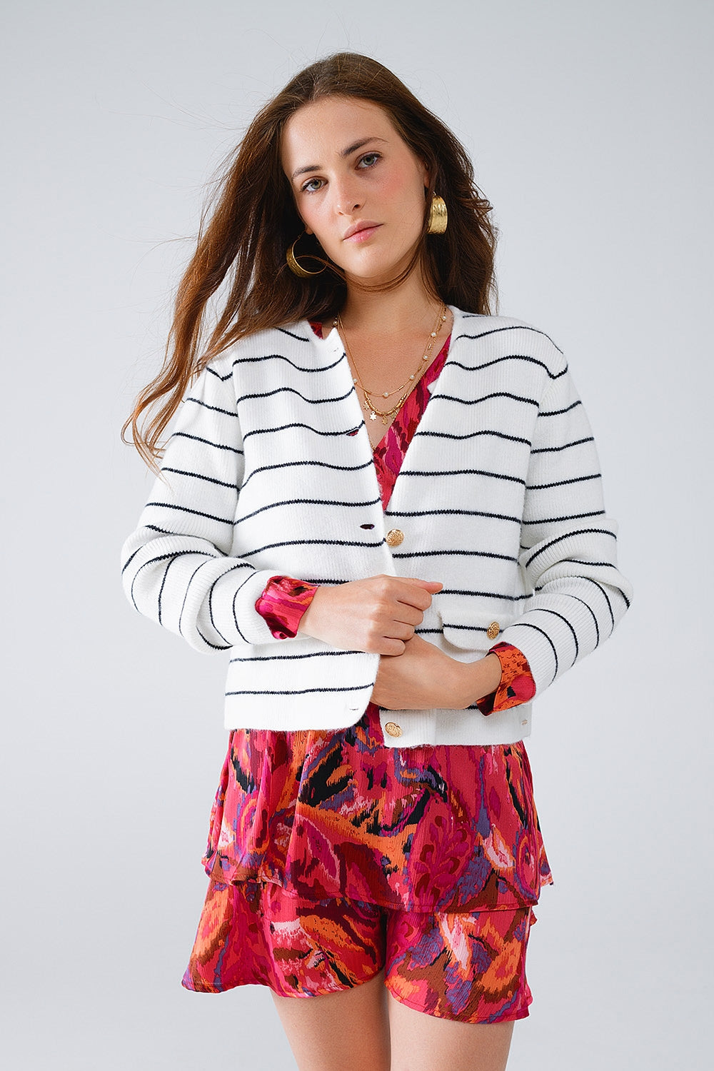 White Button Up Cardigan With Black Stripes and Golden Buttons