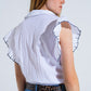 White Button Up Shirt With Polo Collar And Ruffled Sleeves With Black Trim