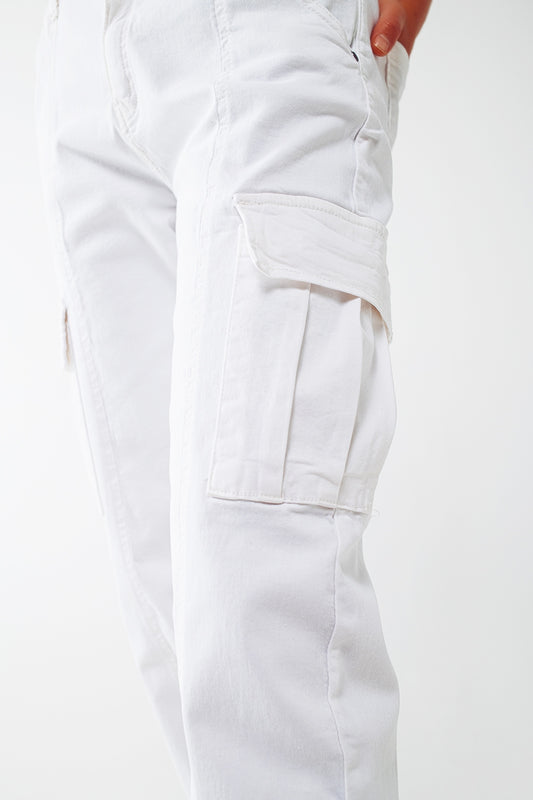 white cargo pants with elasticated waist and hem