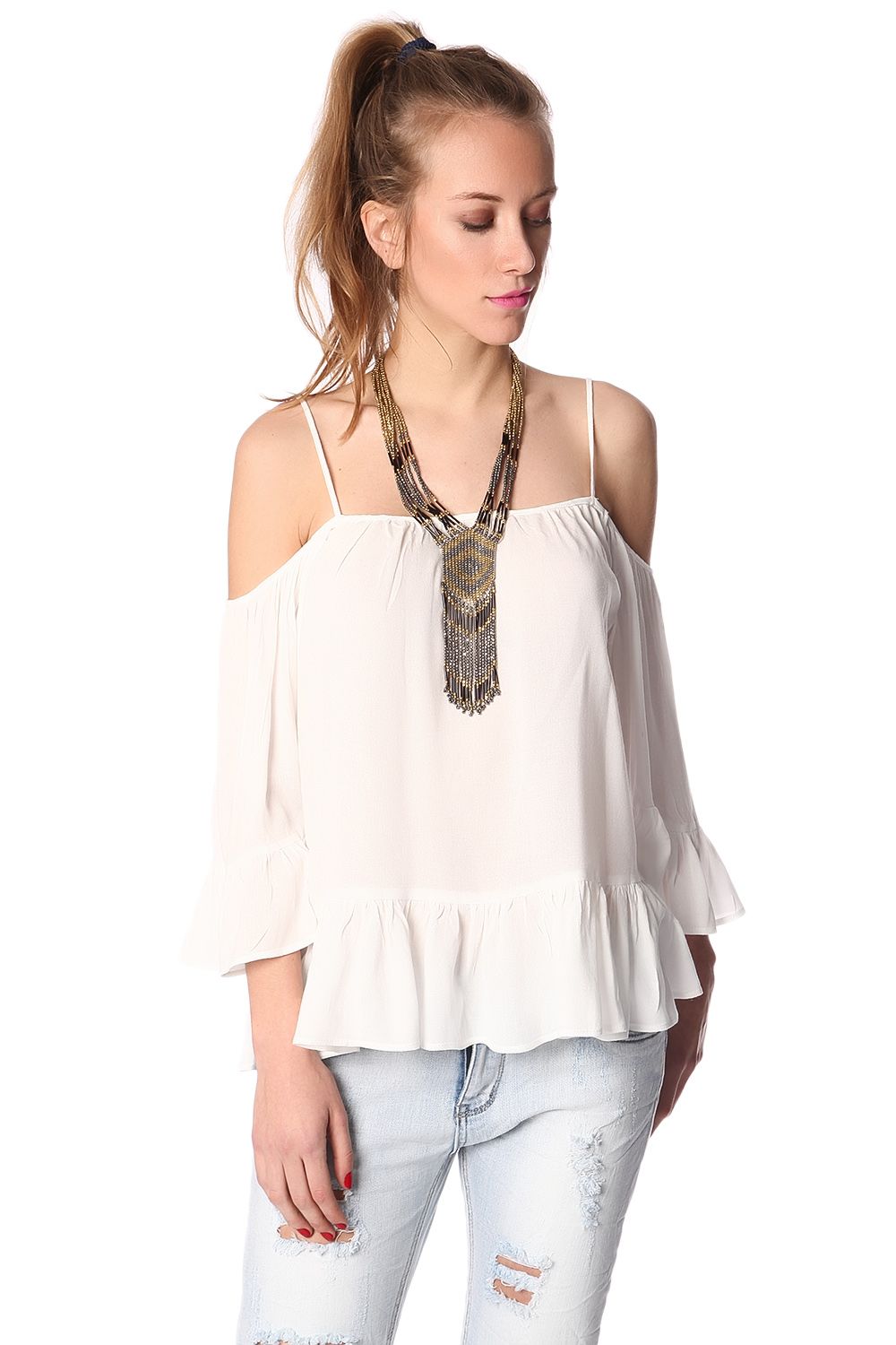 Q2 White cold shoulder top with frill trims