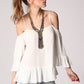 White cold shoulder top with frill trims