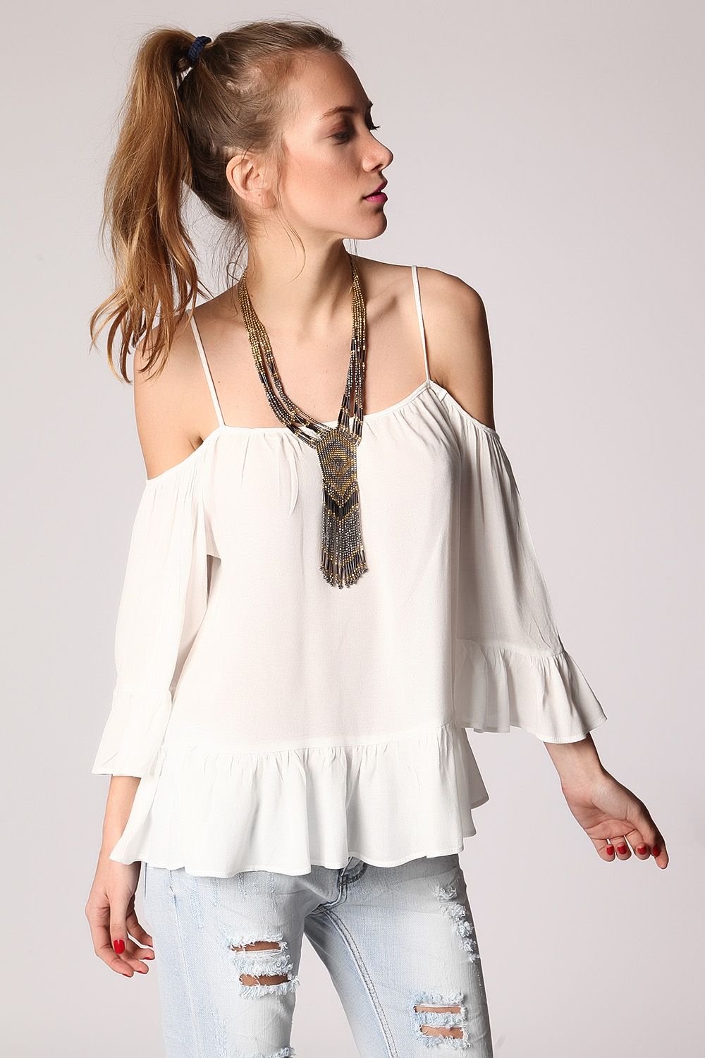 White cold shoulder top with frill trims