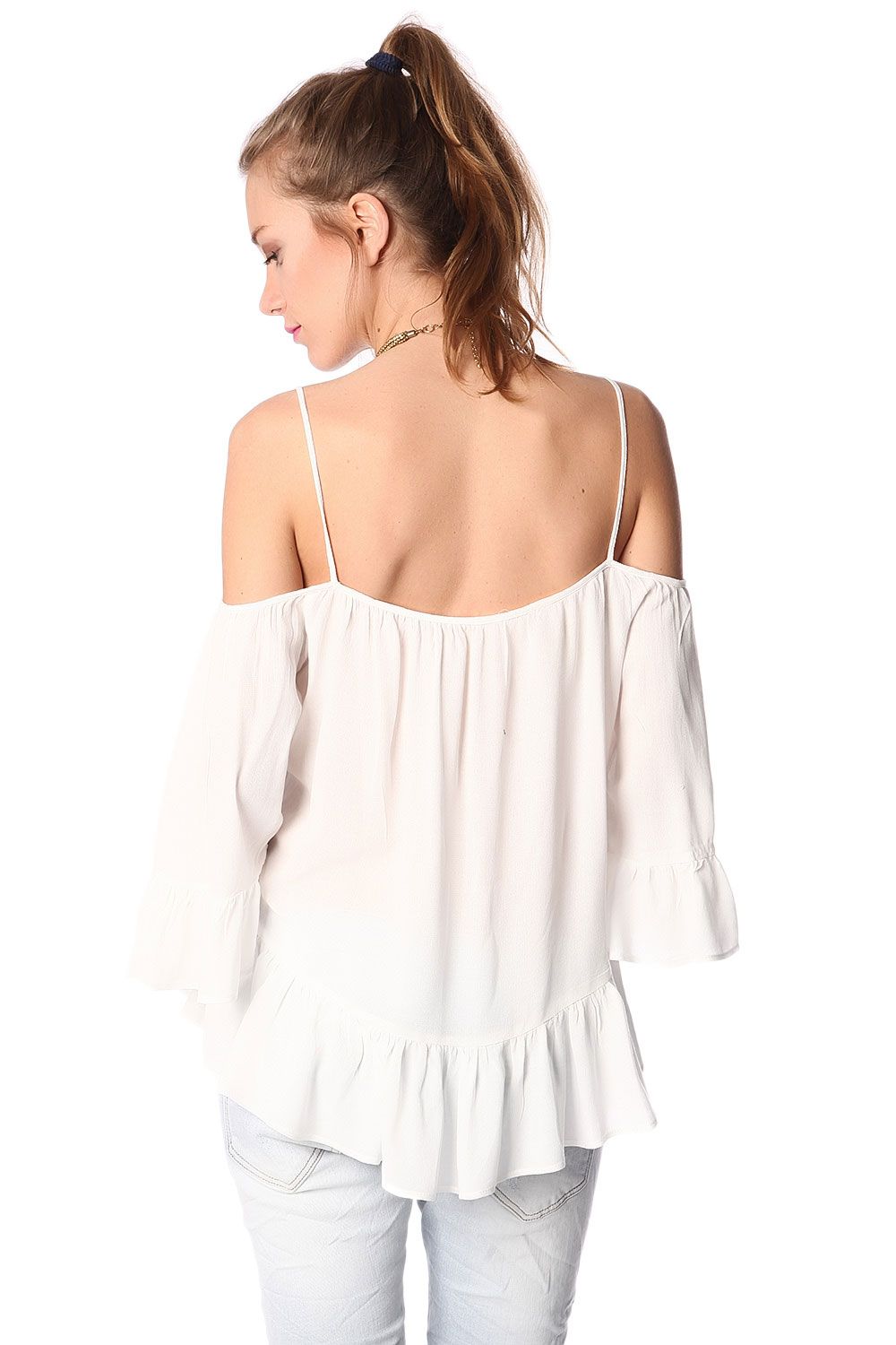 White cold shoulder top with frill trims