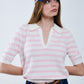 Q2 White Crop knitted polo Top with Pink Stripes