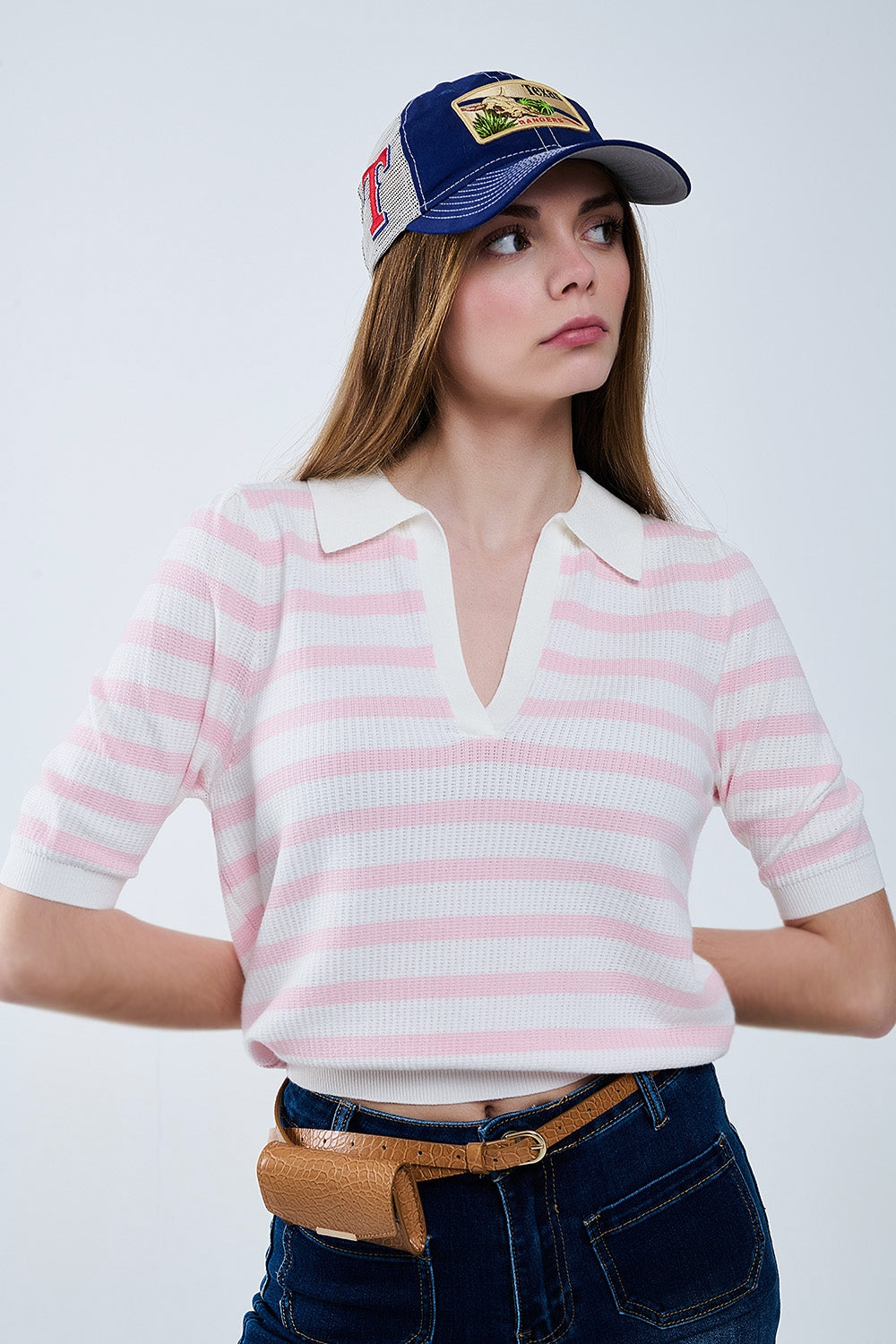 Q2 White Crop knitted polo Top with Pink Stripes