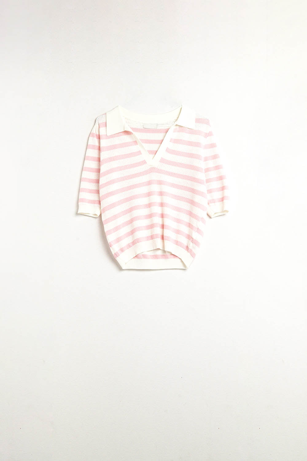 White Crop knitted polo Top with Pink Stripes