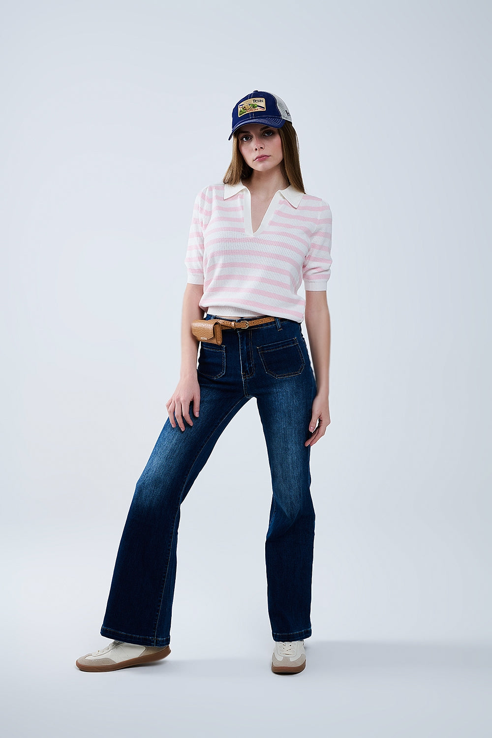 White Crop knitted polo Top with Pink Stripes