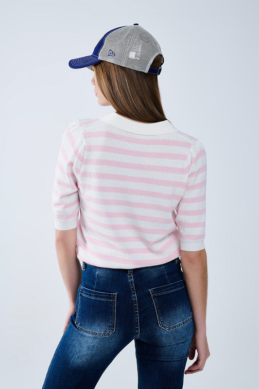 White Crop knitted polo Top with Pink Stripes