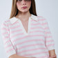 White Crop knitted polo Top with Pink Stripes