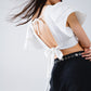 Q2 White Crop Top With Short Sleeves And V-neck