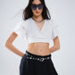 White Crop Top With Short Sleeves And V-neck