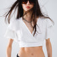 White Crop Top With Short Sleeves And V-neck