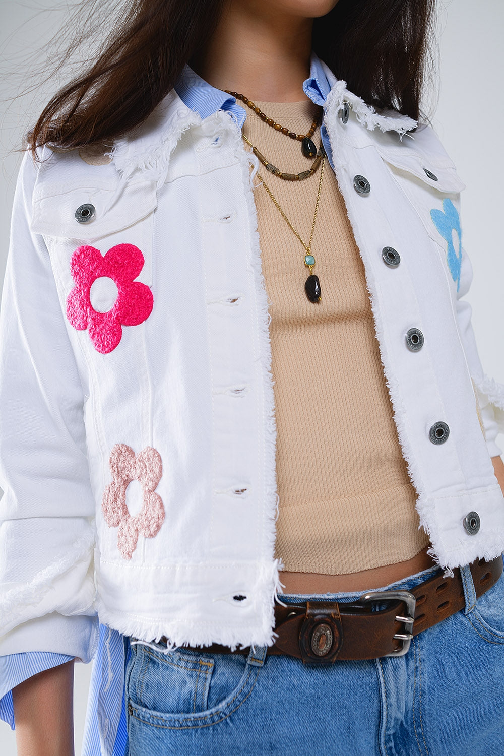 White Denim Jacket With Embroided Flowers