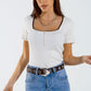 Q2 White Knitted Short Sleeve Sweater With Square Neck and Black Trim