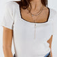 White Knitted Short Sleeve Sweater With Square Neck and Black Trim