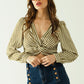 Q2 White long sleeves crop top with brown stripes and v-neck