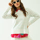 Q2 White long sleeves sweater with light green stripes