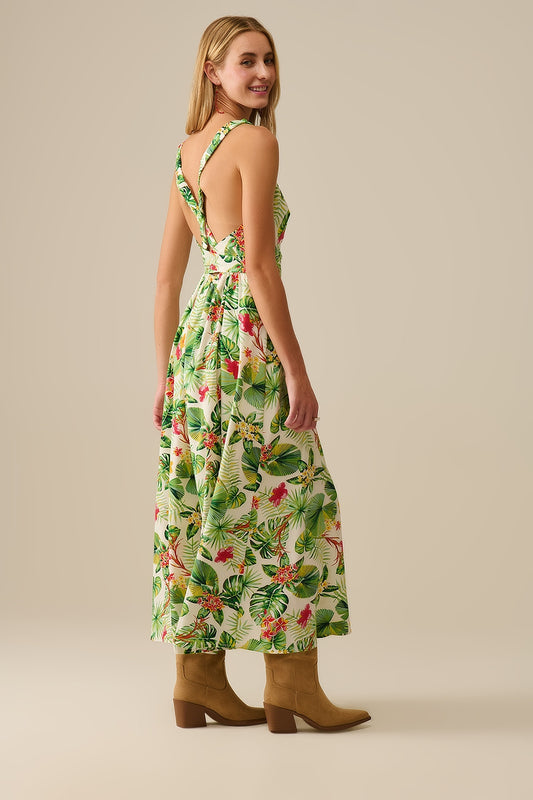 White Long Wrap Dress with Tropical Print
