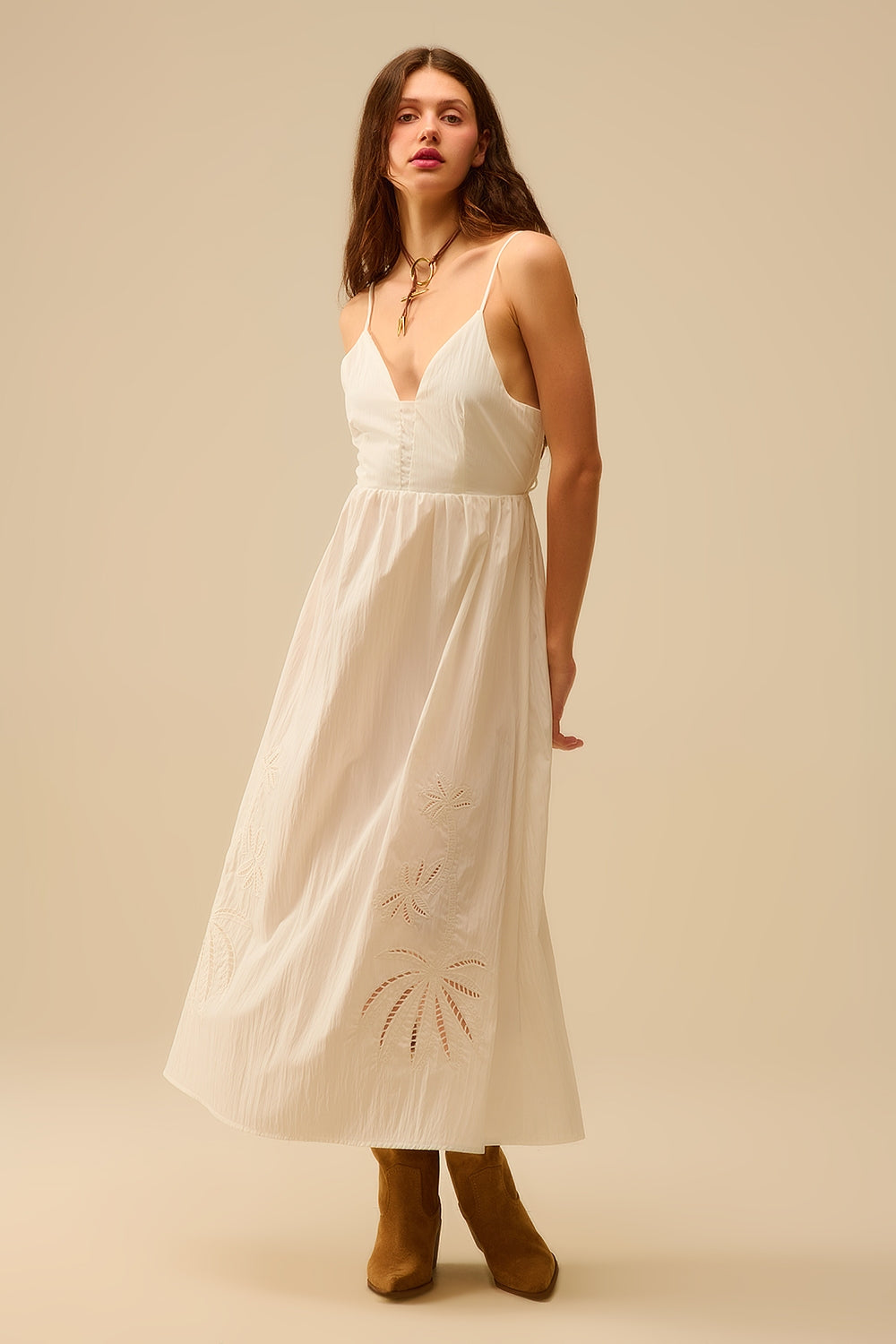 Q2 White maxi dress with embroidered palms