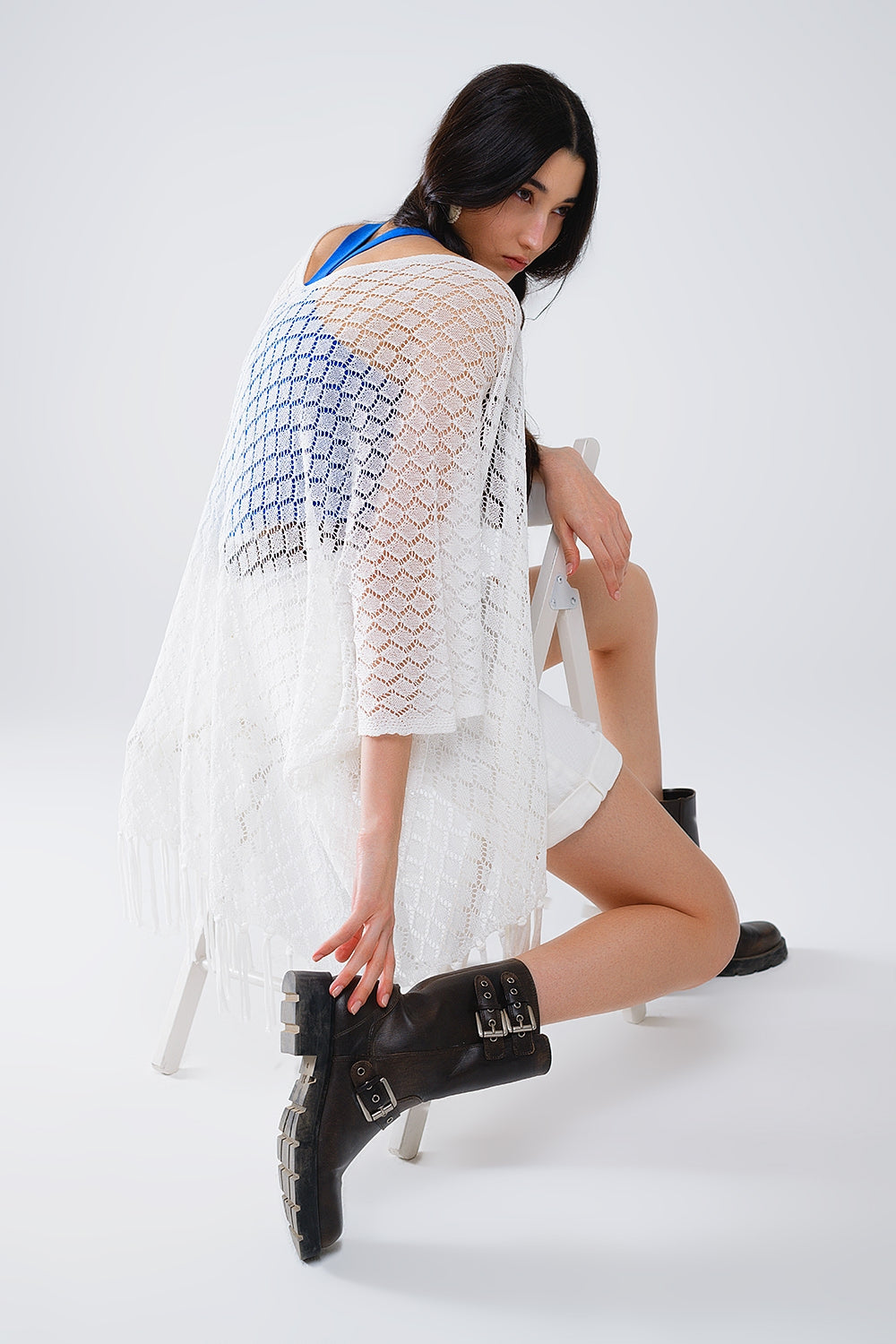 Q2 White Open Cardigan With Fringe Ends and 3/4 sleeves