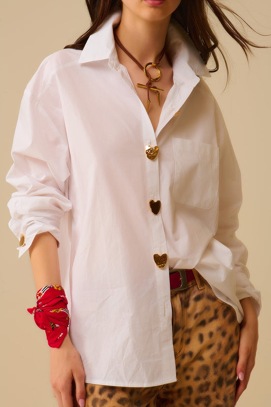 White Oversized Blouse with Gold Heart Buttons