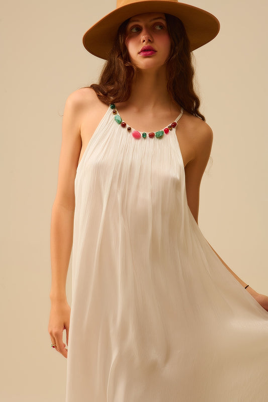 White Pleated Halter long Dress with Beaded Neckline