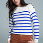 Q2 White sweater with buttons on shoulders and blue stripes