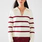 Q2 white sweater with dark red stripes and wide v neck