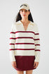 Q2 white sweater with dark red stripes and wide v neck