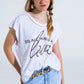 Q2 White T-Shirt With Black Text At The Front and Trim at The Neck