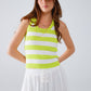 Q2 White Tank Top With Wide Stripes in Lime Green