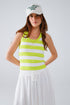 Q2 White Tank Top With Wide Stripes in Lime Green