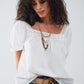 White Top With Square Neckline And Short Sleeves