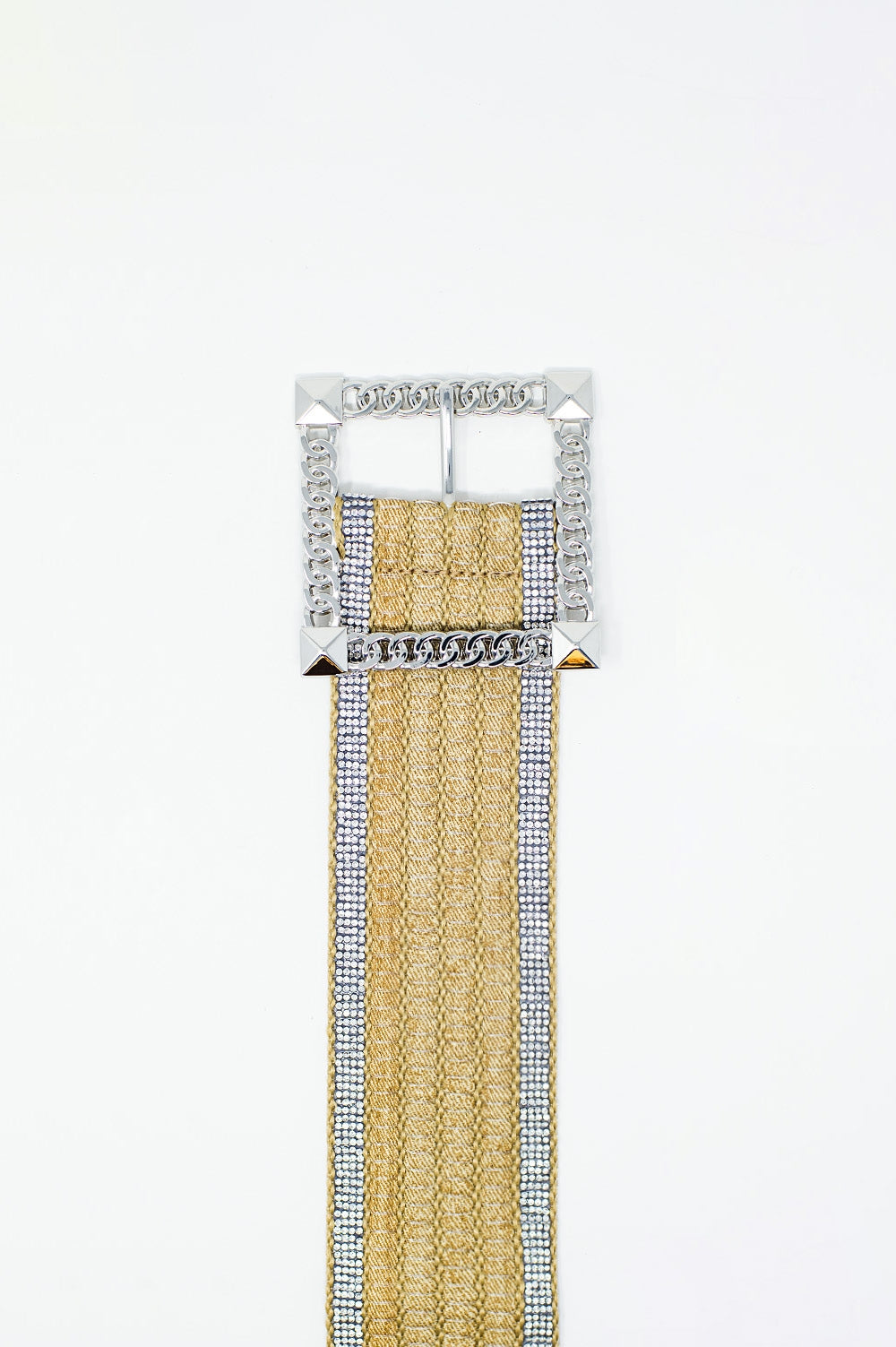 Wide beige woven belt with strass on the edges and big silver square buckle