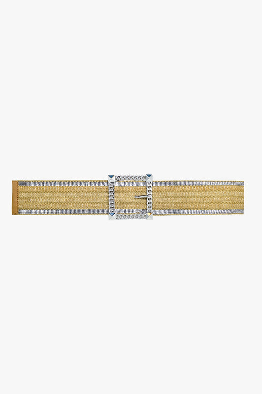 Cinturón ancho tejido beige con strass en los bordes y hebilla cuadrada grande plateada