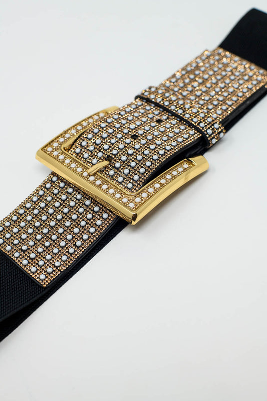 Wide Black Belt With Studded Strass Design And Squared Buckle.