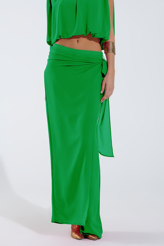 Q2 Wide green Pants Overlay Skirt Tied At The Side