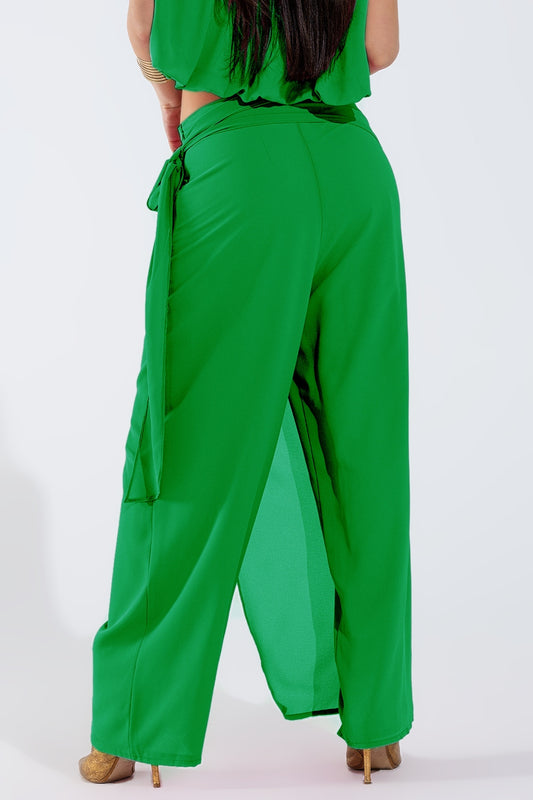 Wide green Pants Overlay Skirt Tied At The Side