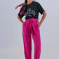 Pantalón fucsia de pernera ancha con cinturón