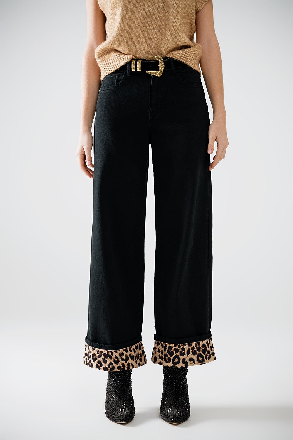 Q2 Wide leg black pants with leopard print at the bottom