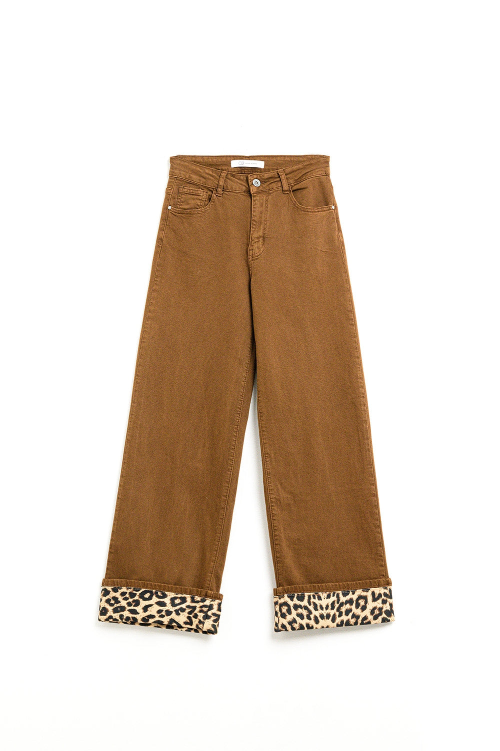 Q2 Wide leg camel pants with leopard print at the bottom