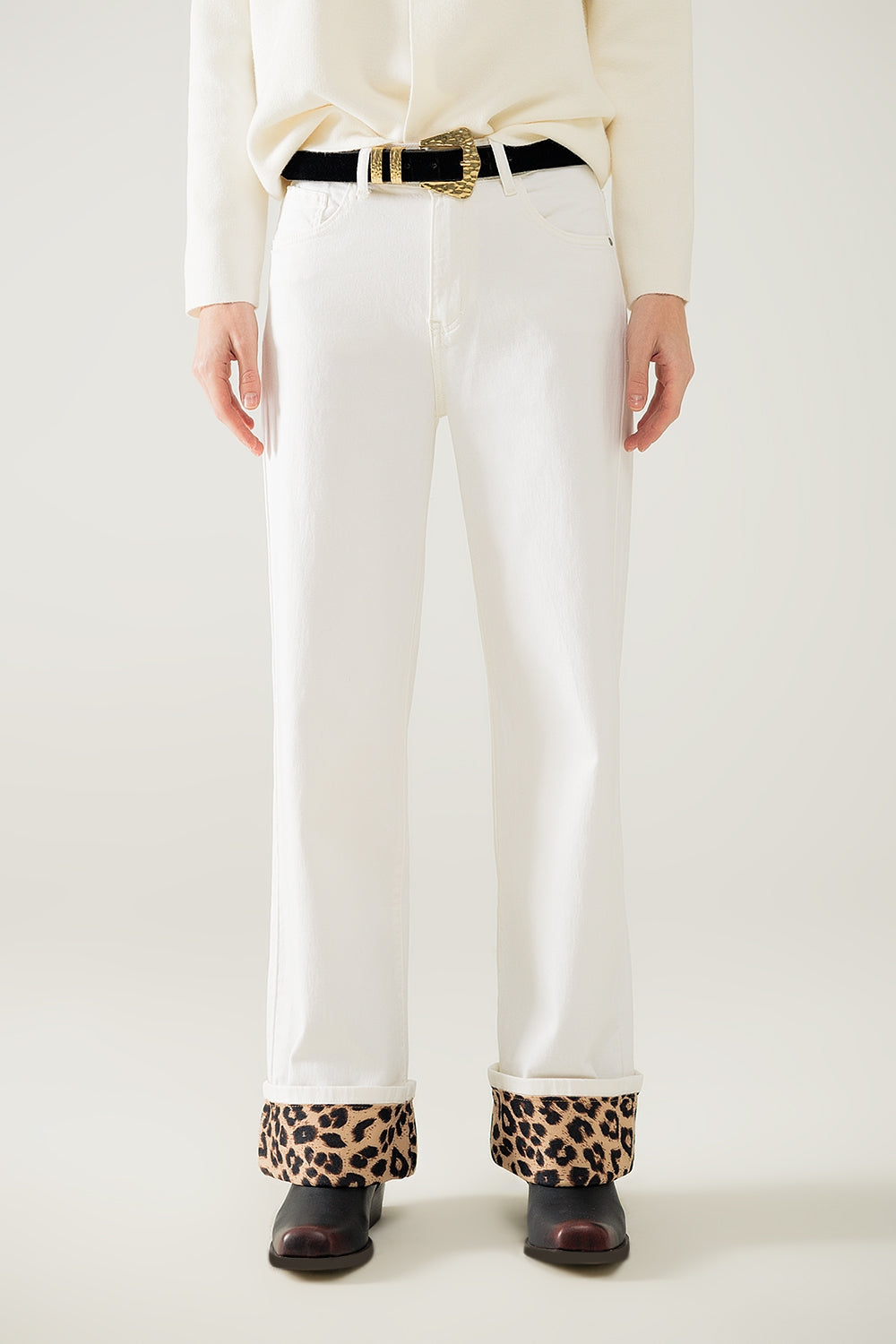 Q2 Wide leg cream pants with leopard print at the bottom