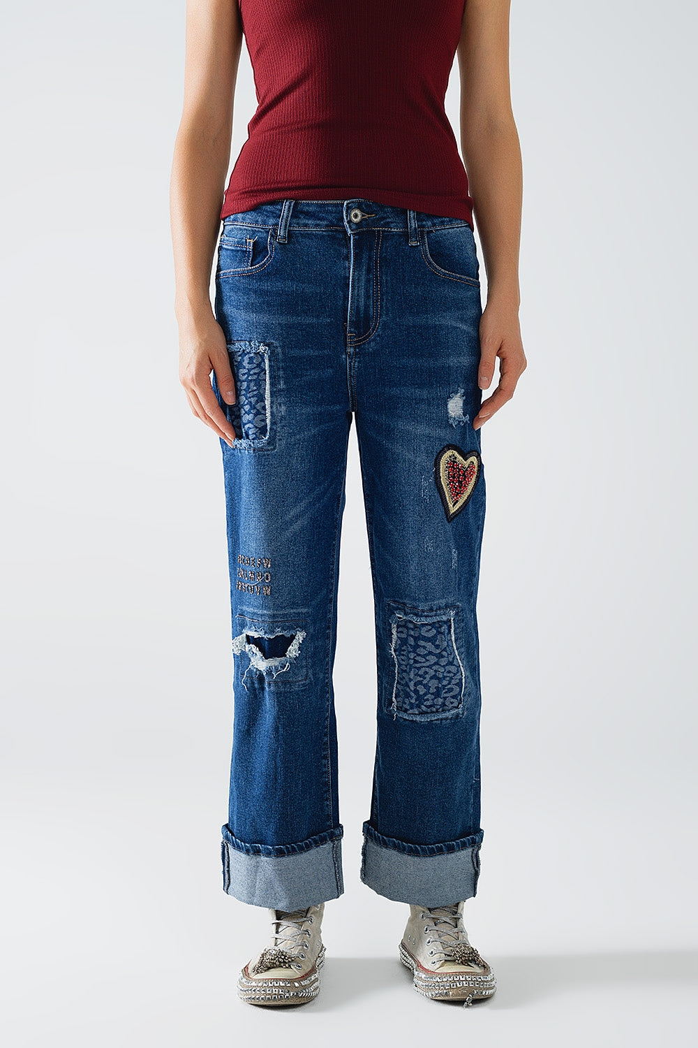 Q2 Wide leg jeans embellished with some patches