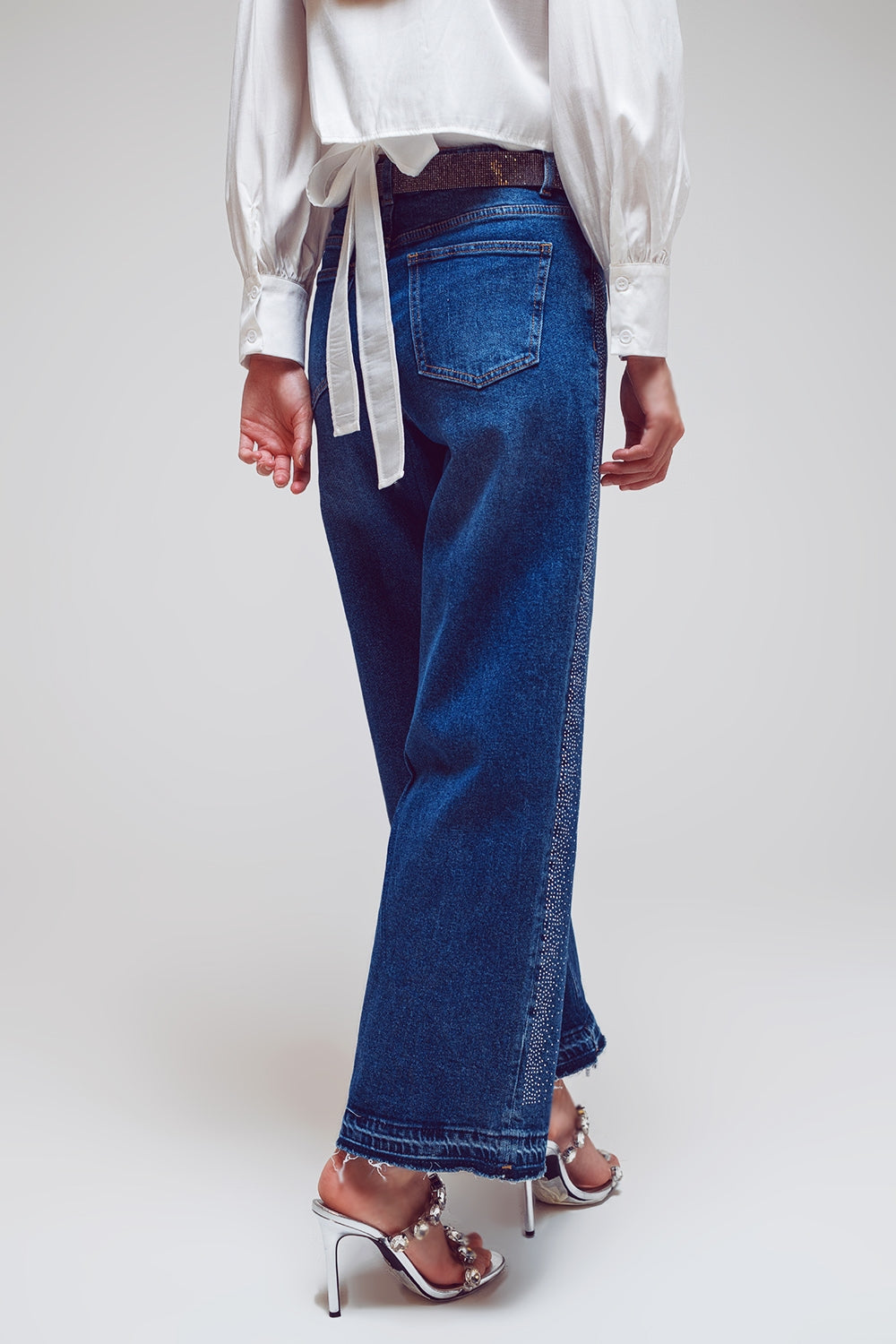 Wide Leg Jeans With Diamante Details on the Side in Mid Wash