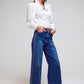 Wide Leg Jeans With Diamante Details on the Side in Mid Wash