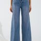 Q2 Wide Leg Jeans With Exposed Buttons And Stras Details in Mid Wash