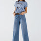 Wide Leg Jeans With Exposed Buttons And Stras Details in Mid Wash