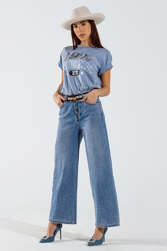 Wide Leg Jeans With Exposed Buttons And Stras Details in Mid Wash